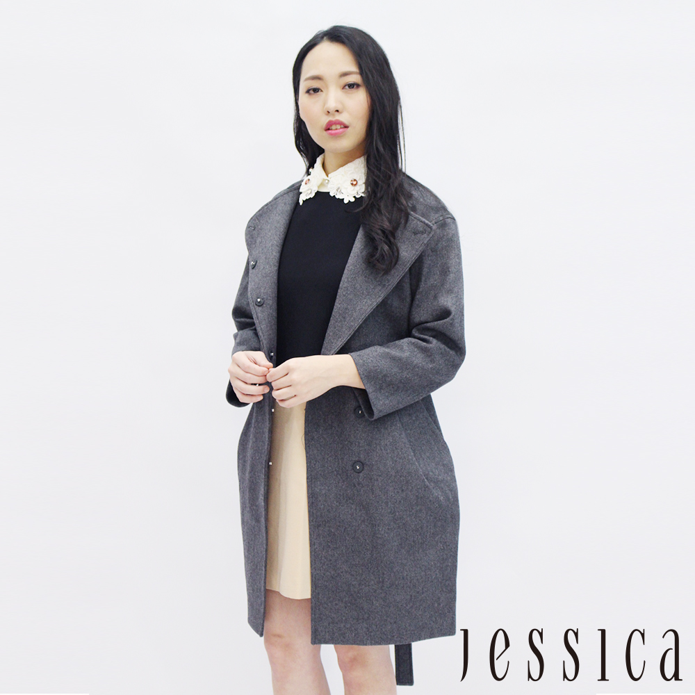 JESSICA - 氣質宣言混羊毛排釦大衣(灰)