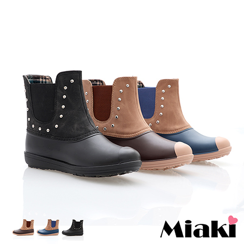 【Miaki】雨靴獨賣首推鉚釘防水短靴 (棕色 / 黑色 / 藍色)