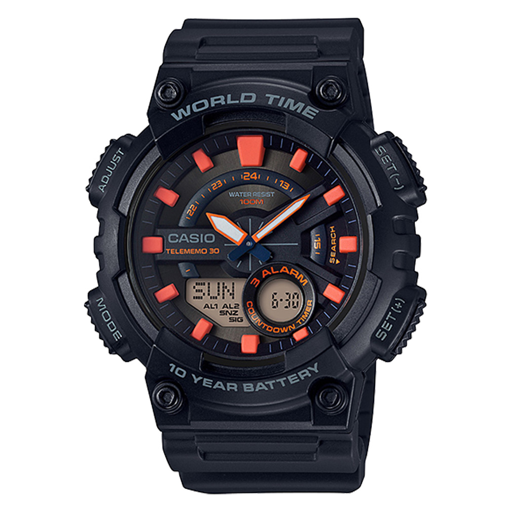 CASIO 卡西歐 電子錶 雙顯男錶 樹脂錶帶 防水100米 電話簿記錄 世界時間 AEQ-110W-1A2
