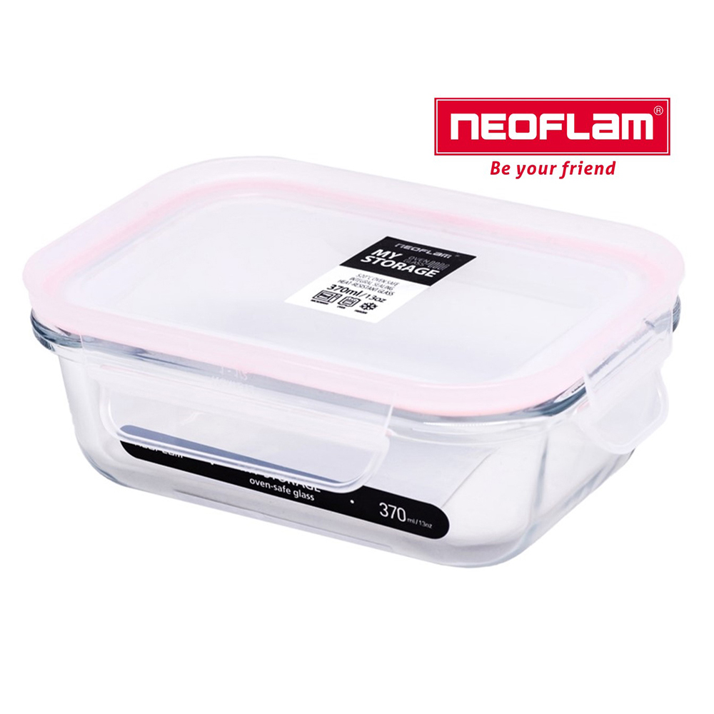 NEOFLAM 專利無膠條玻璃保鮮盒長型370ml-白上蓋粉紅膠條