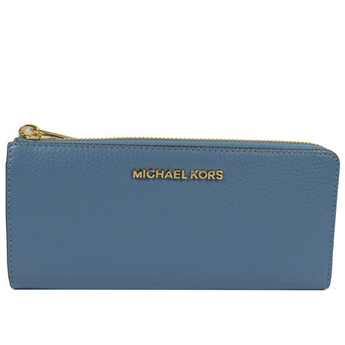 MICHAEL KORS 經典LOGO荔枝皮革L開口拉鍊長夾.藍