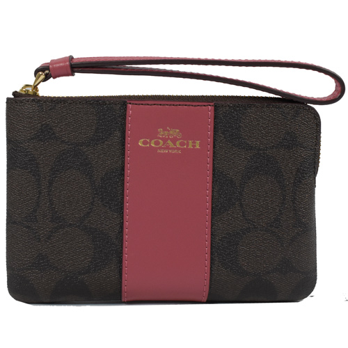 COACH 馬車LOGO條紋皮革PVC零錢手拿包.深咖/桃