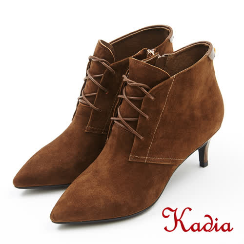 kadia．復古綁帶小尖頭細高跟短靴(7718-73咖啡色)