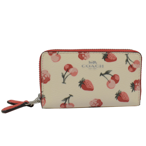 COACH 馬車LOGO烙印草莓櫻桃圖案雙層零錢包.白