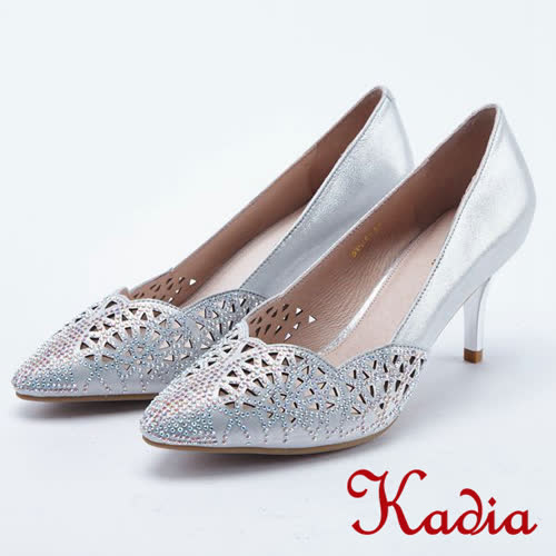 kadia.華麗響宴 雕花水鑽羊皮高跟鞋(8001-81銀色)