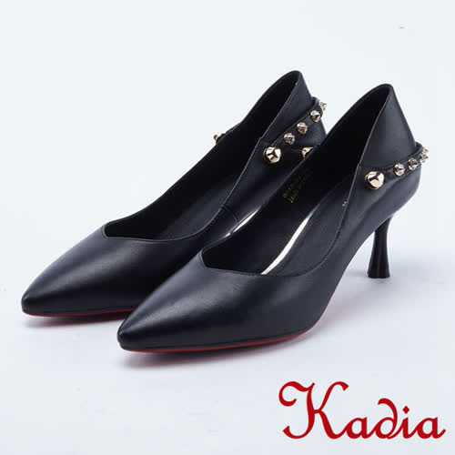 kadia.真皮鉚釘飾釦尖頭高跟鞋(8013-91黑色)