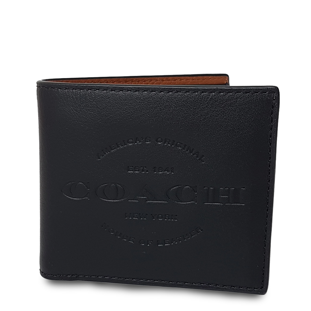 COACH 男款牛皮素面LOGO壓紋八卡短夾-黑色