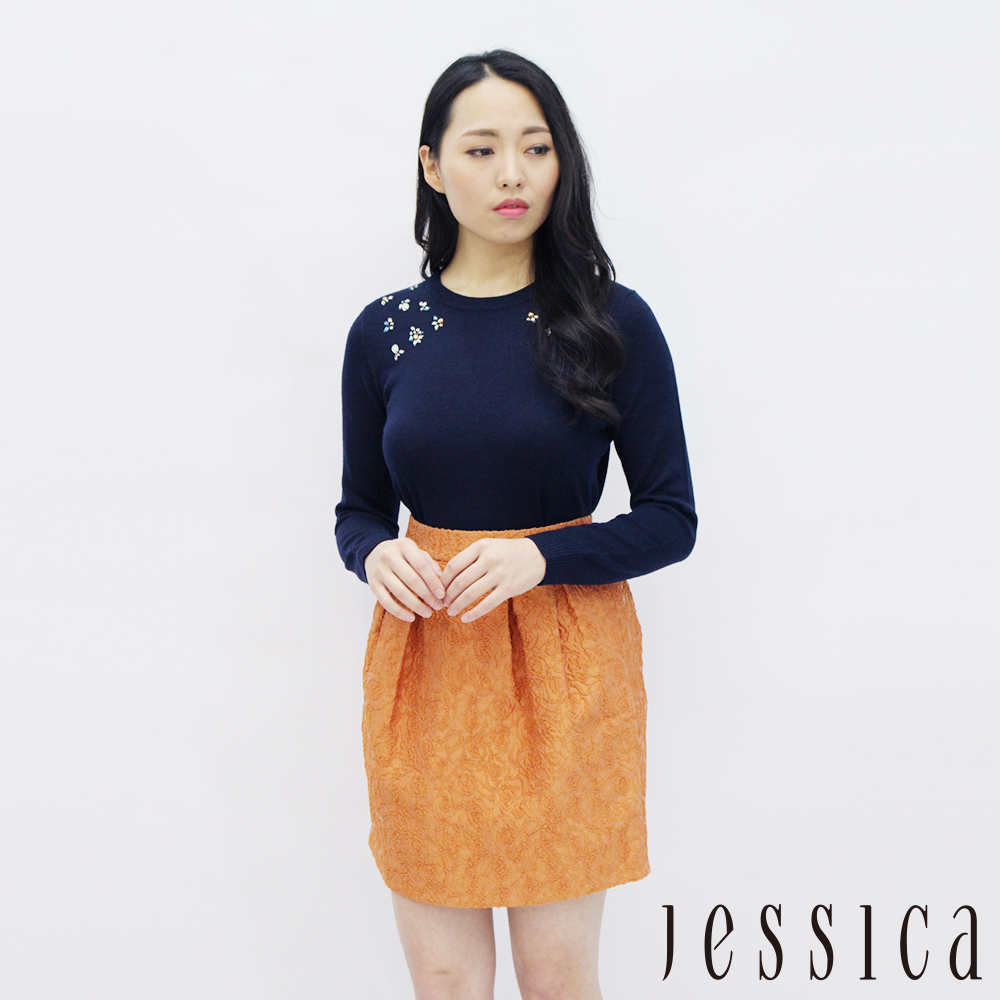 JESSICA - 時尚珠飾設計混羊毛上衣(深藍)