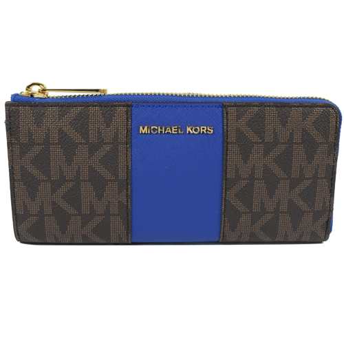 MICHAEL KORS 經典LOGO MK滿版L開口拉鍊長夾.深咖/藍