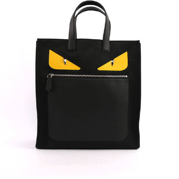 【FENDI】黃眼睛拼牛皮 BUGS HANDBAG手提包(黑色)