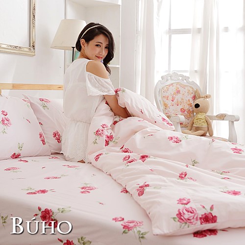 BUHO《夏日玫瑰-紅》雙人三件式精梳純棉床包組