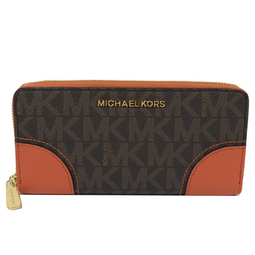 MICHAEL KORS 經典LOGO MK滿版全開口拉鍊長夾.深咖/橘