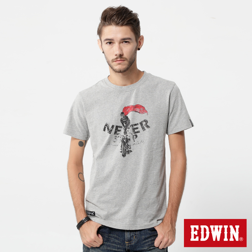 EDWIN 不老騎士印花短袖T恤-男-麻灰色