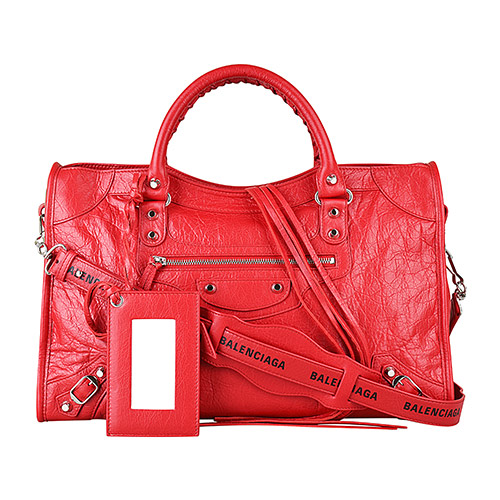 BALENCIAGA巴黎世家CITY系列印花LOGO小羊皮銀釦手提斜背機車包(紅)