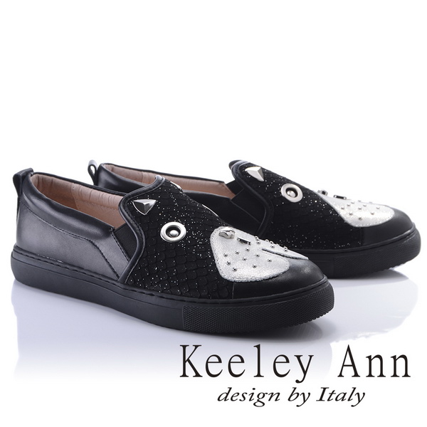 Keeley Ann時尚甜心~俏皮狗飾釦拼接設計全真皮休閒鞋(黑色826692110-Ann系列)