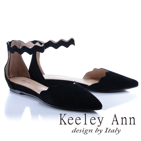 Keeley Ann甜美氣息~波浪腳踝繫帶全真皮尖頭平底鞋(黑色824692110-Ann系列)