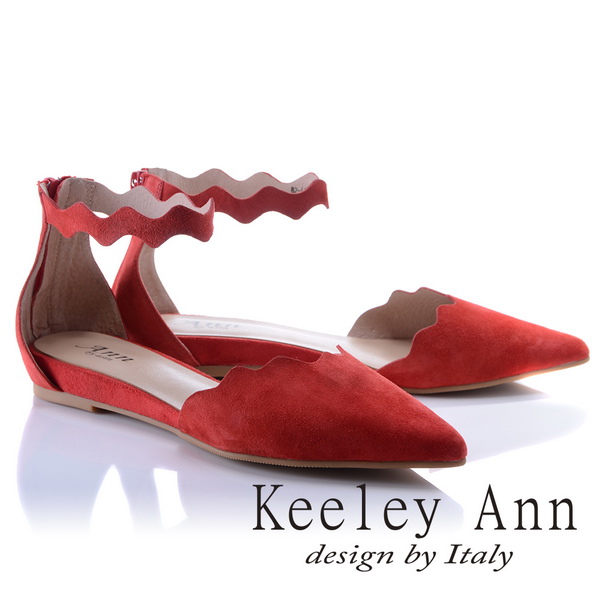 Keeley Ann甜美氣息~波浪腳踝繫帶全真皮尖頭平底鞋(紅色824692150-Ann系列)