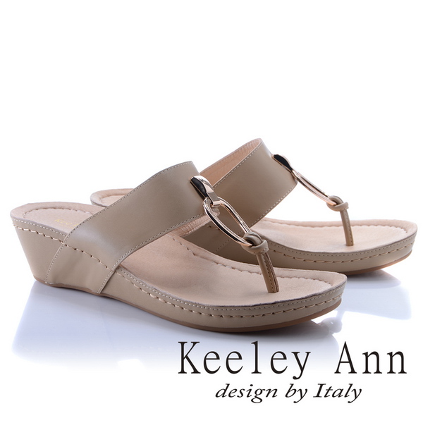 Keeley Ann簡約時尚~金屬拉環寬版全真皮楔形夾腳拖鞋(杏色831608106)