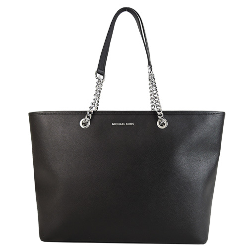 MICHAEL KORS Jet Set Chain 銀字鏈帶拉鍊托特包(中/黑)