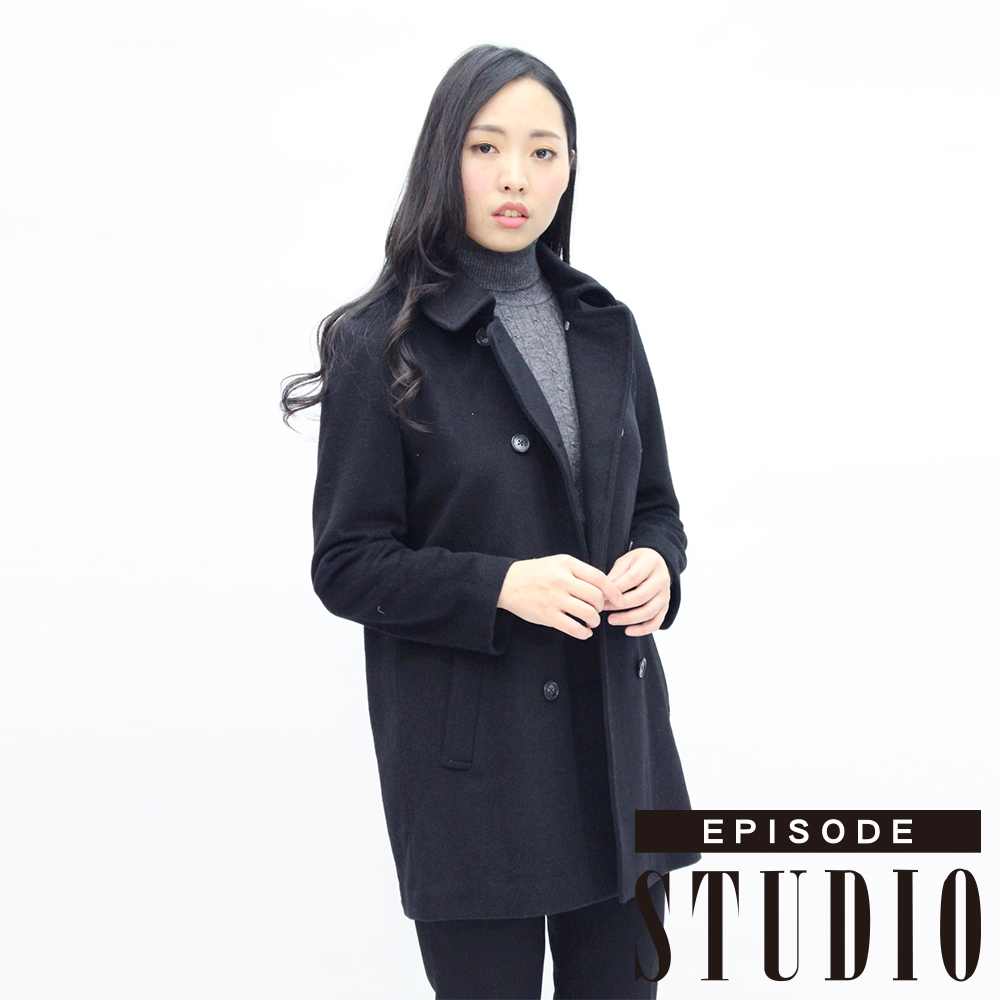 EPISODE Studio - 翻領排釦造型混羊毛大衣(黑)