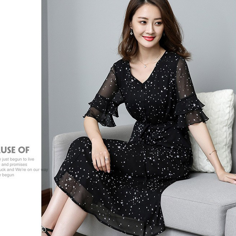 【麗質達人】18321黑色雪紡印花洋裝(XL-5XL)