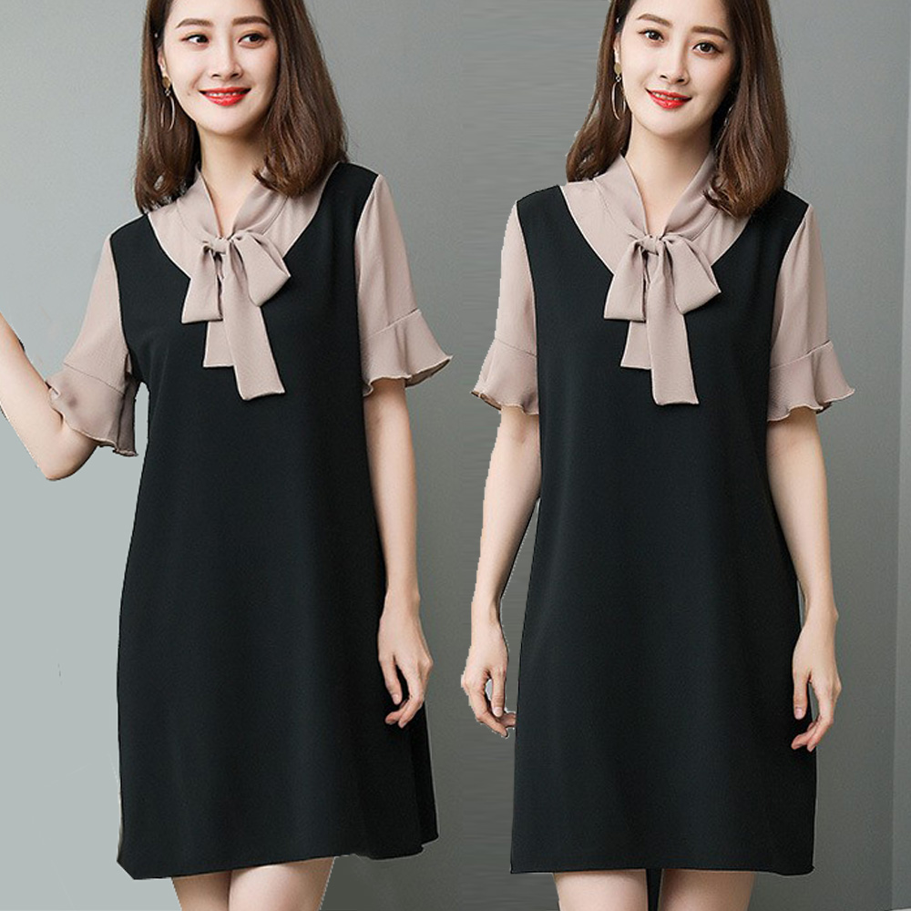 【麗質達人】18379雪紡拼接假二件洋裝(XL-5XL)