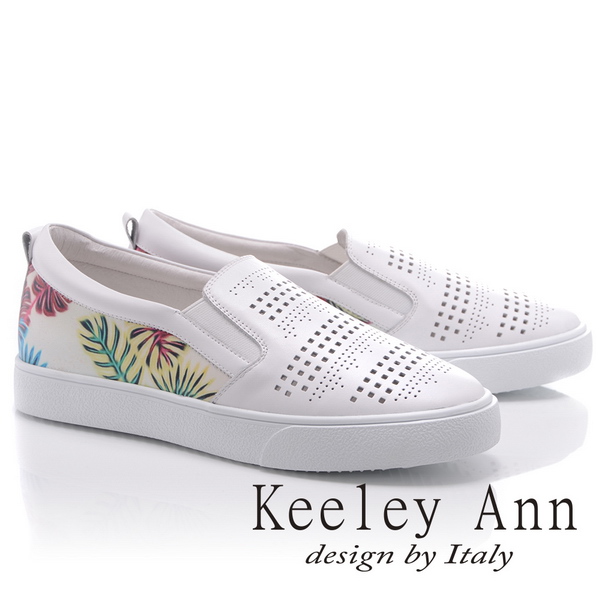 Keeley Ann盛夏熱情~七彩樹葉方格鏤空全真皮平底休閒鞋(白色826832340-Ann系列)