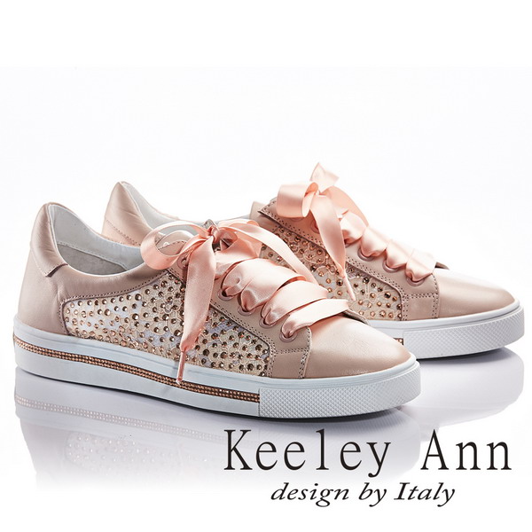 Keeley Ann可愛運動~唯美水鑽質感綁帶真皮軟墊休閒鞋(粉紅色826687156-Ann系列)