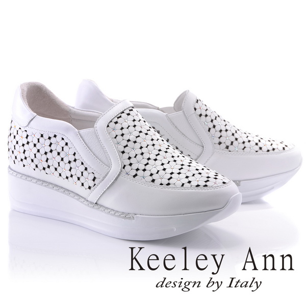 Keeley Ann氣質甜美~花兒朵朵開水鑽全真皮厚底休閒鞋(白色826832640-Ann系列)