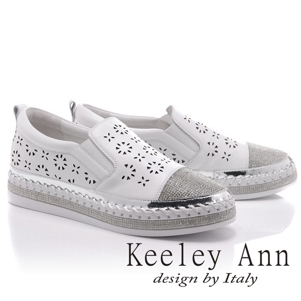 Keeley Ann甜美氣息~鏤空小花水鑽滾邊全真皮平底休閒鞋(白色826832240-Ann系列)