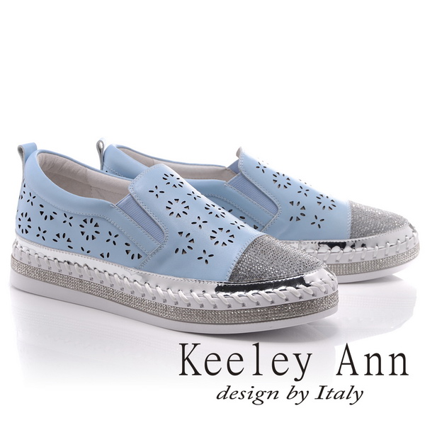 Keeley Ann甜美氣息~鏤空小花水鑽滾邊全真皮平底休閒鞋(藍色826832260-Ann系列)