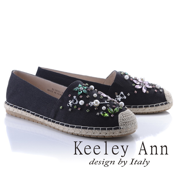 Keeley Ann森林系女孩~寶石王國編織真皮軟墊平底懶人鞋(黑色825832110-Ann系列)