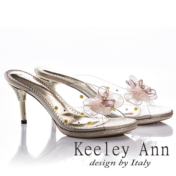 Keeley Ann氣質甜美~水滴金屬飾釦緞帶網蝴蝶結高跟拖鞋(金色831003237)