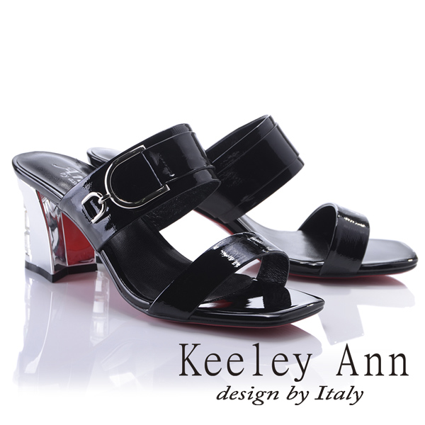 Keeley Ann極簡率性~亮澤D字環釦真皮晶鑽中跟拖鞋(黑色821932110-Ann系列)