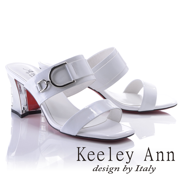 Keeley Ann極簡率性~亮澤D字環釦真皮晶鑽中跟拖鞋(白色821932140-Ann系列)