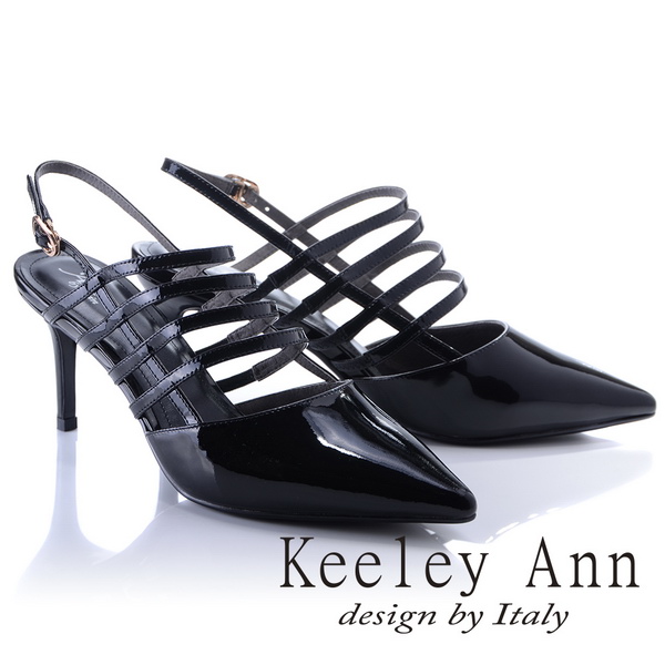 Keeley Ann羅馬假期~鏤空條紋金屬釦真皮高跟尖頭鞋(黑色824982210-Ann系列)