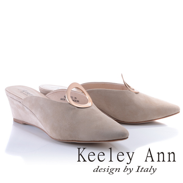 Keeley Ann高貴質感~霧澤金屬圓環真皮尖頭楔形穆勒鞋(杏色824687206-Ann系列)