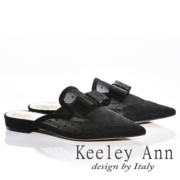 Keeley Ann高貴質感~水鑽方形蝴蝶結透膚網紗點點真皮軟墊尖頭穆勒鞋(黑色824687110-Ann系列)
