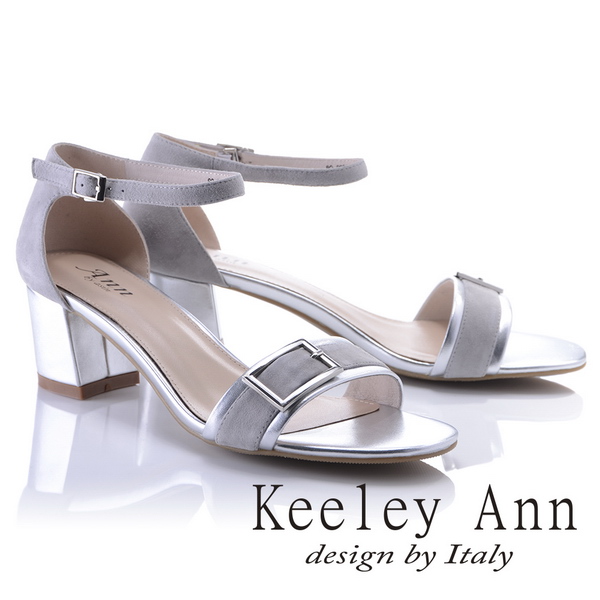 Keeley Ann氣質甜美~金屬飾釦全真皮中跟涼鞋(銀色822692227-Ann系列)