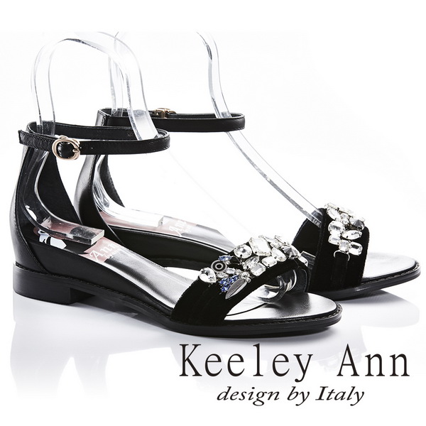 Keeley Ann高雅出眾~亮澤水鑽腳踝釦帶真皮平底涼鞋(黑色822692110-Ann系列)