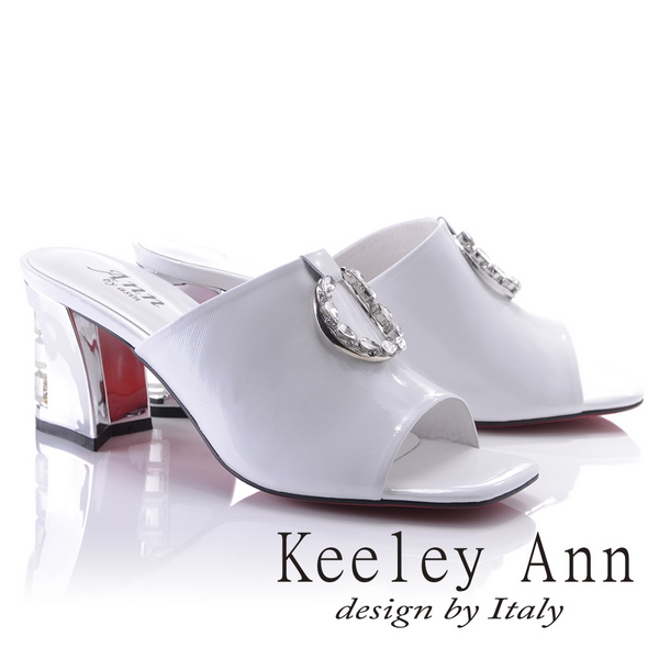 Keeley Ann天使光環~極淨色彩水鑽圓飾真皮粗中跟拖鞋(白色821932440-Ann系列)