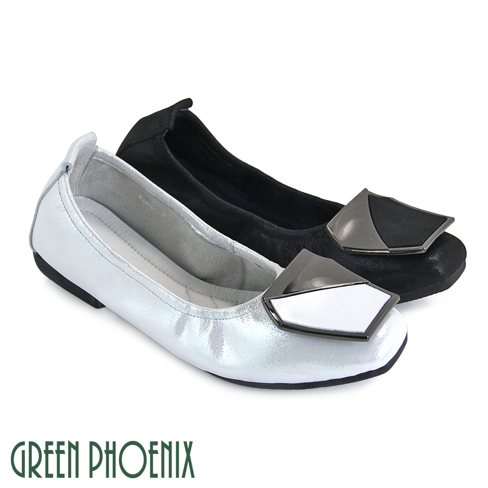 【GREEN PHOENIX】六角型金屬裝飾全真皮珠光感平底娃娃鞋