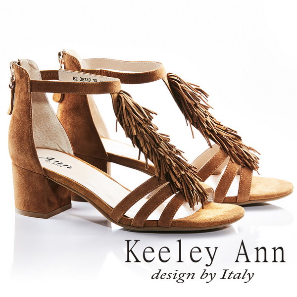 Keeley Ann異國情懷~流蘇後拉鍊真皮中跟涼鞋(棕色823847125)