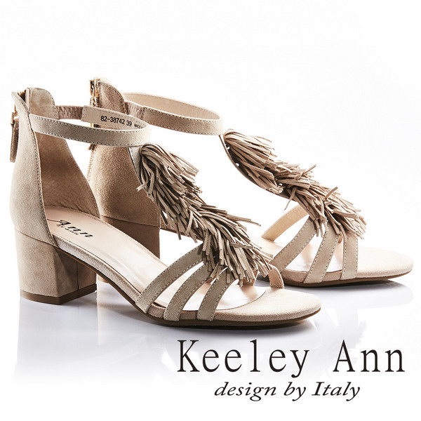 Keeley Ann異國情懷~流蘇後拉鍊真皮中跟涼鞋(米色823847130)
