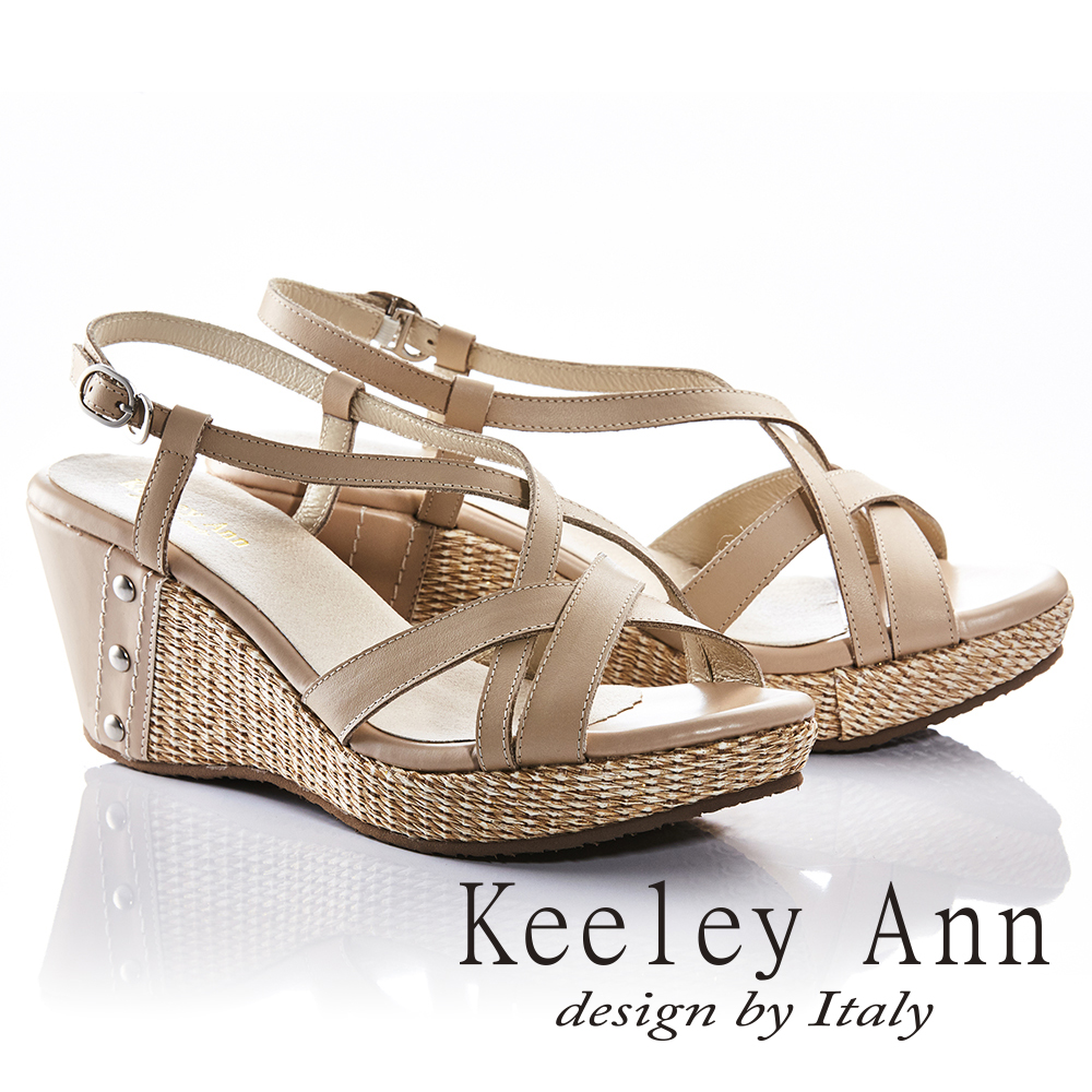 Keeley Ann夏日俏皮~交叉環繞編織金屬飾扣全真皮楔形涼鞋(米色832183130)
