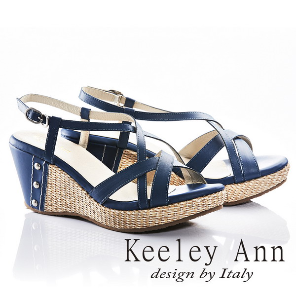 Keeley Ann夏日俏皮~交叉環繞編織金屬飾扣全真皮楔形涼鞋(藍色832183160)