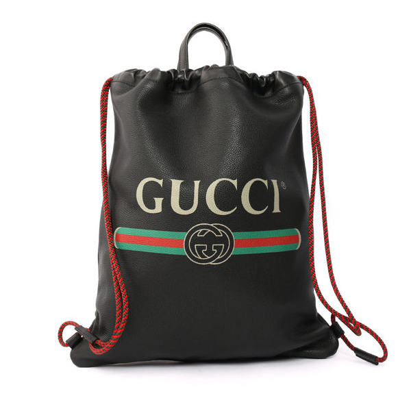 【GUCCI】牛皮綠紅綠LOGO束口後背包/手提(黑色)