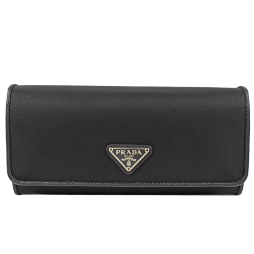 PRADA 三角LOGO尼龍皮飾邊附證件卡雙扣長夾.黑