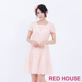 RED HOUSE 蕾赫斯-V領花朵蕾絲層次洋裝(粉桔色)