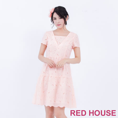 RED HOUSE 蕾赫斯-V領花朵蕾絲層次洋裝